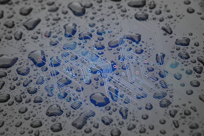 High def desktop background of blue PCB covered in water.