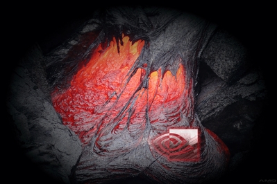 High def desktop background featuring nVidia logo in PCB over lava.